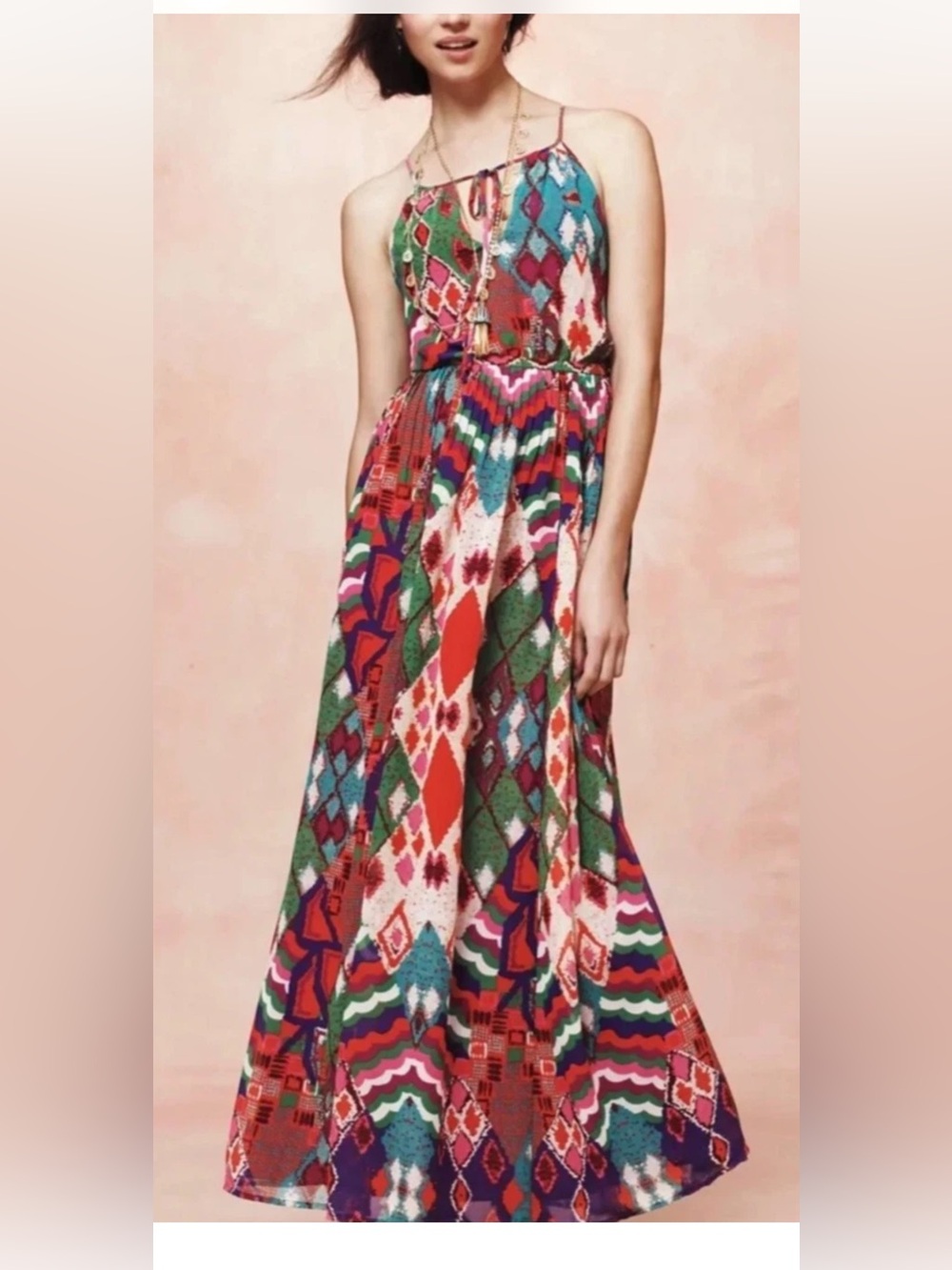 Anthropologie Maeve Tarana Geo Multi-Color Tribal Print Spaghetti Strap Maxi 10